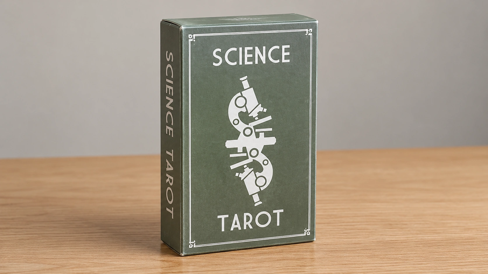 Generated product scene of the Science Tarot Deck by Logan Austeja Daniel, Martin Azevedo and Raven Hanna: one closed box on a simple table
