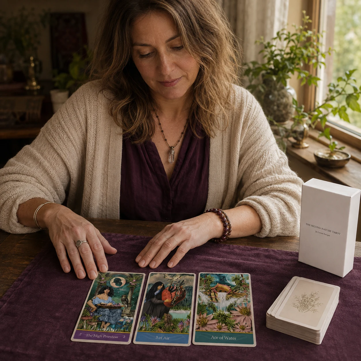 Aurica reading the exact Second Nature Tarot by Jae Larson with The High Priestess, 3 of Air and Ace of Water beside its plain white tuck box