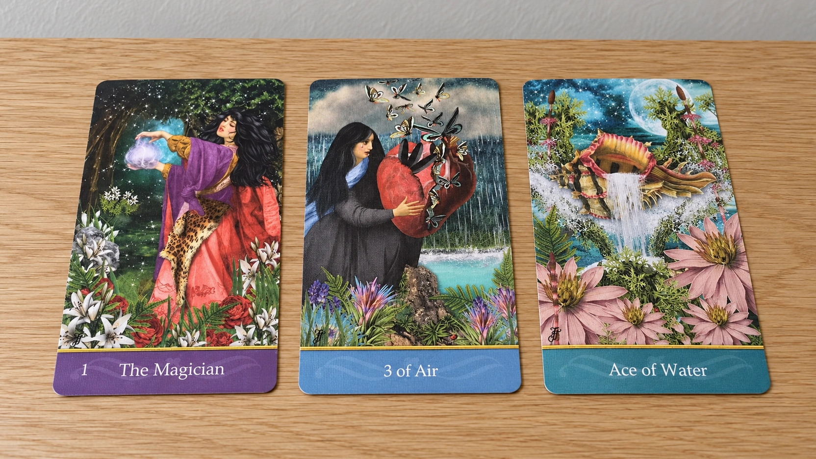 Generated scene of The Magician, 3 of Air and Ace of Water from Second Nature Tarot laid face up on a plain table; no box