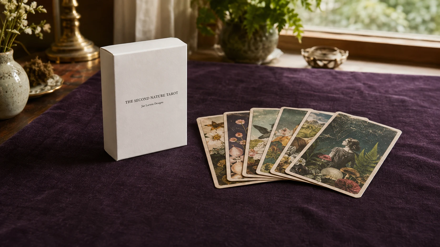 Editorial scene inspired by the documented Second Nature Tarot plain white tuck box and botanical collage atmosphere