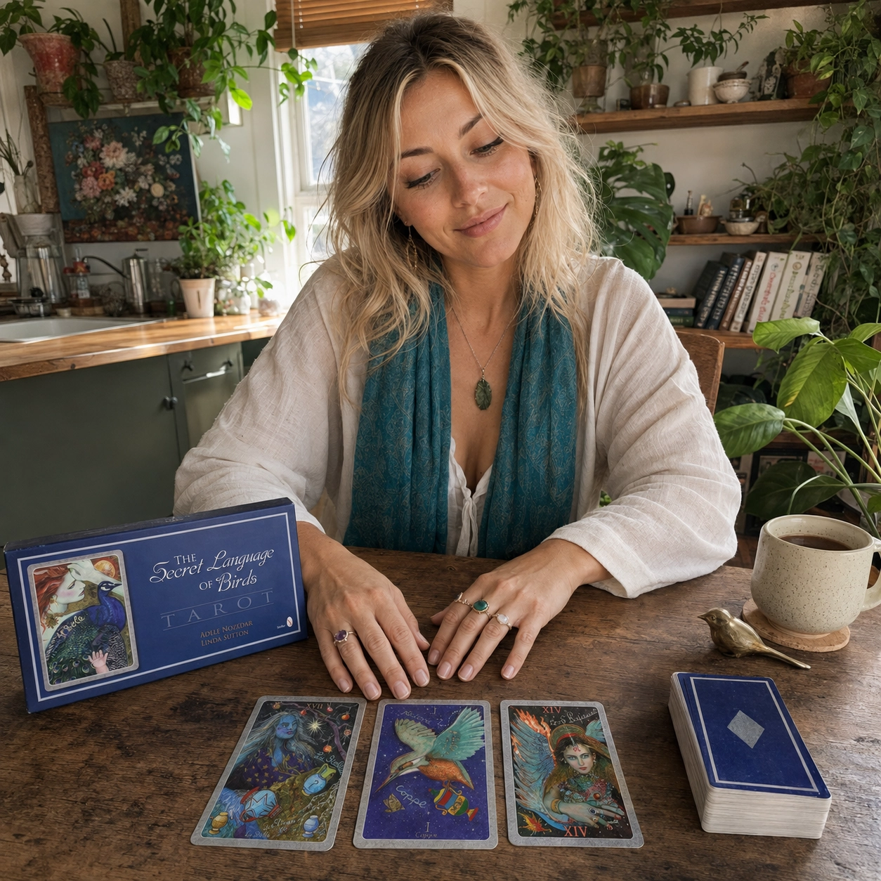 Aurica arranging three Secret Language of Birds Tarot cards beside the exact box and stacked deck