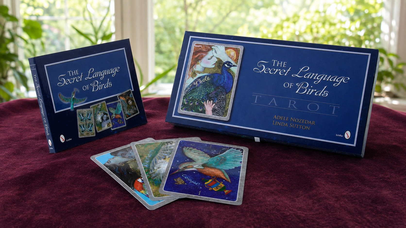 Generated editorial product scene based on the 2011 Schiffer Secret Language of Birds Tarot box set