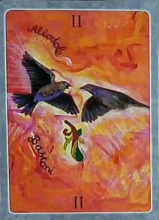 2 of Wands card from The Secret Language of Birds Tarot, illustrated by Linda Sutton