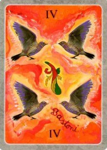 4 of Wands card from The Secret Language of Birds Tarot, illustrated by Linda Sutton