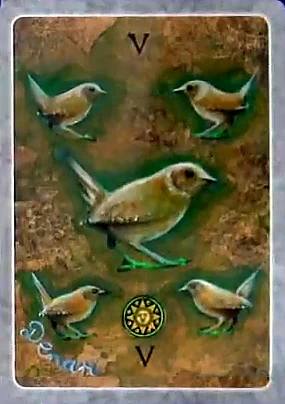 5 of Coins card from The Secret Language of Birds Tarot, illustrated by Linda Sutton