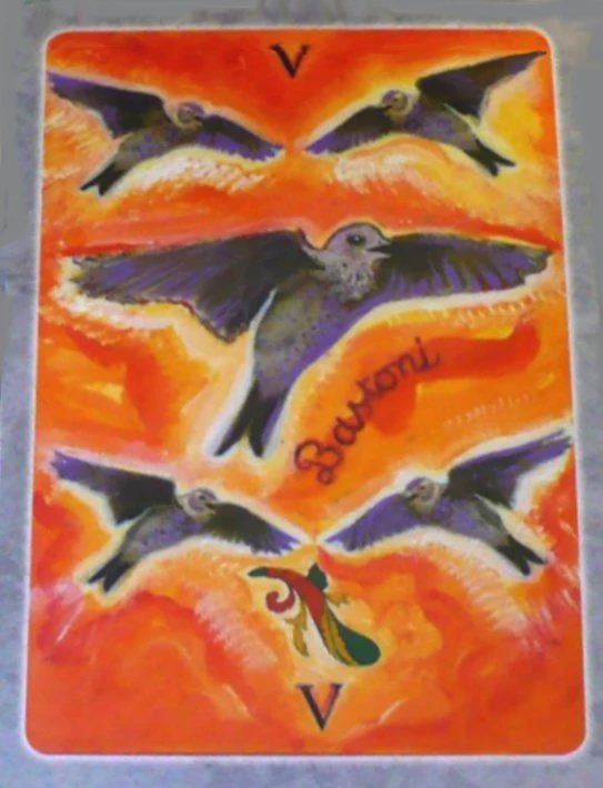 5 of Wands card from The Secret Language of Birds Tarot, illustrated by Linda Sutton