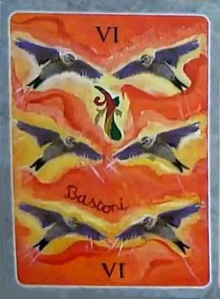 6 of Wands card from The Secret Language of Birds Tarot, illustrated by Linda Sutton