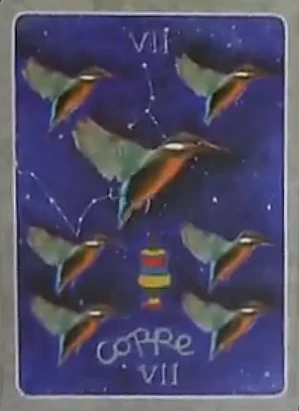 7 of Cups card from The Secret Language of Birds Tarot, illustrated by Linda Sutton