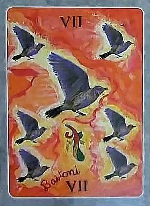 7 of Wands card from The Secret Language of Birds Tarot, illustrated by Linda Sutton