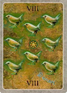 8 of Coins card from The Secret Language of Birds Tarot, illustrated by Linda Sutton