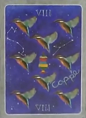 8 of Cups card from The Secret Language of Birds Tarot, illustrated by Linda Sutton