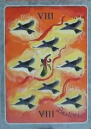 8 of Wands card from The Secret Language of Birds Tarot, illustrated by Linda Sutton