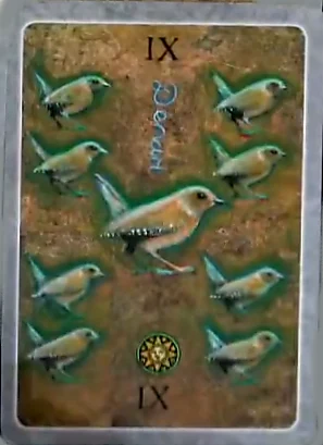 9 of Coins card from The Secret Language of Birds Tarot, illustrated by Linda Sutton