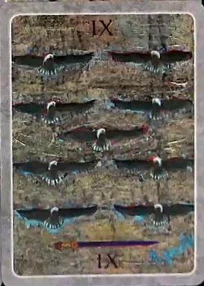 9 of Swords card from The Secret Language of Birds Tarot, illustrated by Linda Sutton
