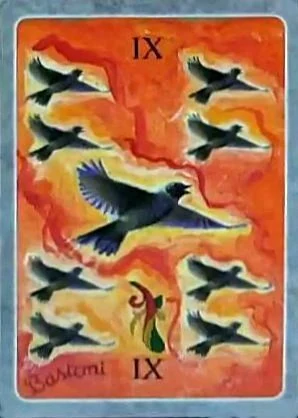 9 of Wands card from The Secret Language of Birds Tarot, illustrated by Linda Sutton