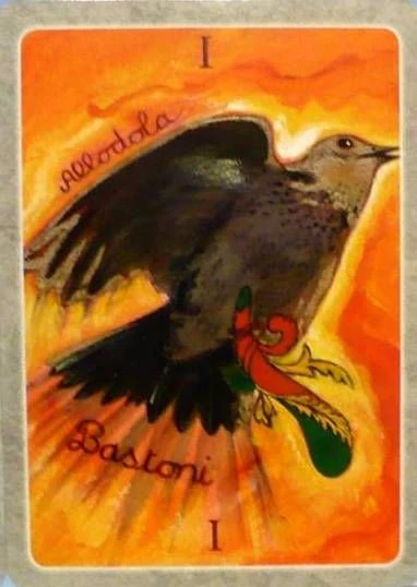 Ace of Wands card from The Secret Language of Birds Tarot, illustrated by Linda Sutton