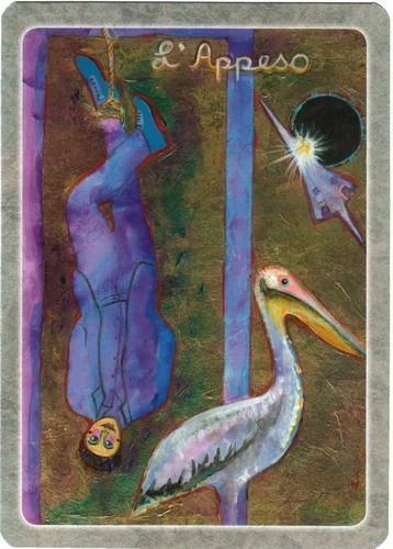 The Hanged Man card from The Secret Language of Birds Tarot, illustrated by Linda Sutton