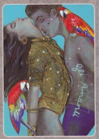 The Lovers card from The Secret Language of Birds Tarot, illustrated by Linda Sutton