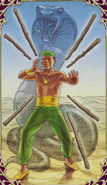 Seven of Wands card from Sensual Wicca Tarot