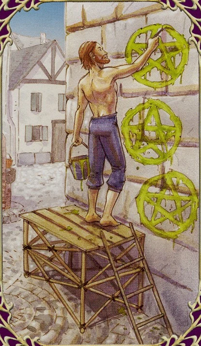 Three of Pentacles card from Sensual Wicca Tarot