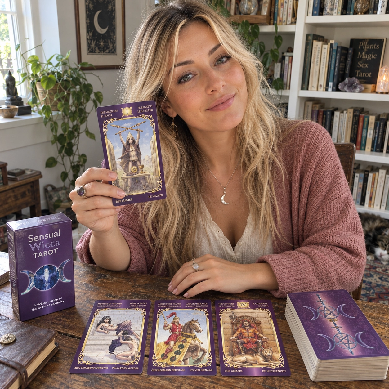 Aurica reviewing Sensual Wicca Tarot while presenting The Magician beside the exact box, three face-up cards and stacked deck