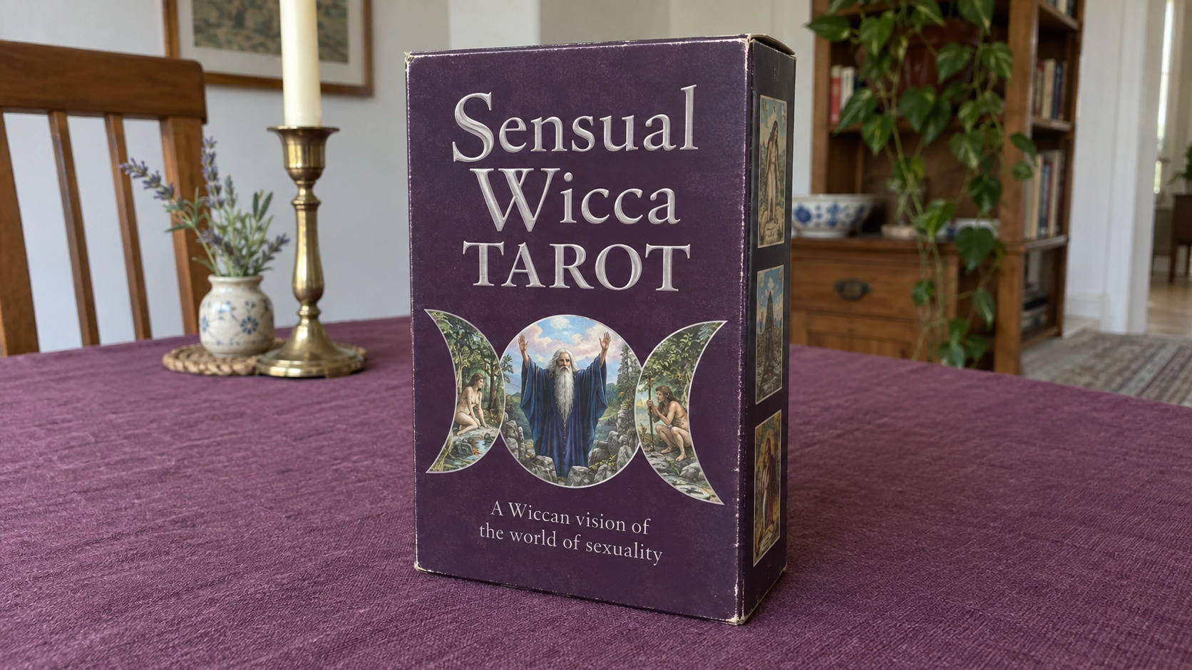 Generated reading-table scene with the exact-edition Sensual Wicca Tarot box