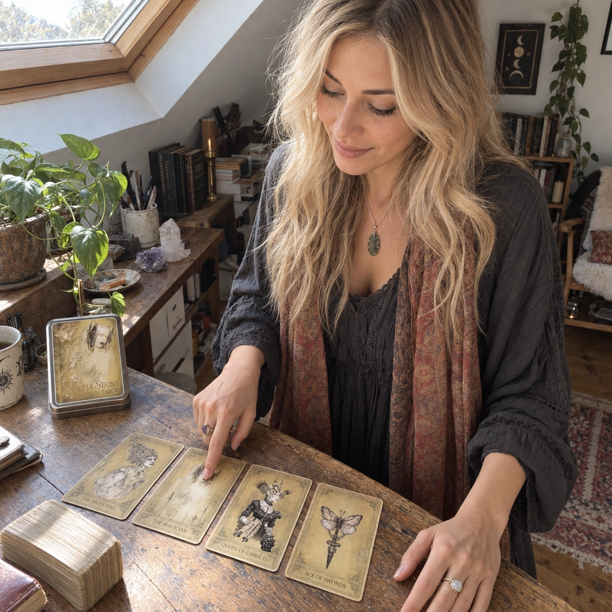 Aurica reading with the Sepia Stains Tarot second edition beside its silver tin, a four-card spread and separate deck stack