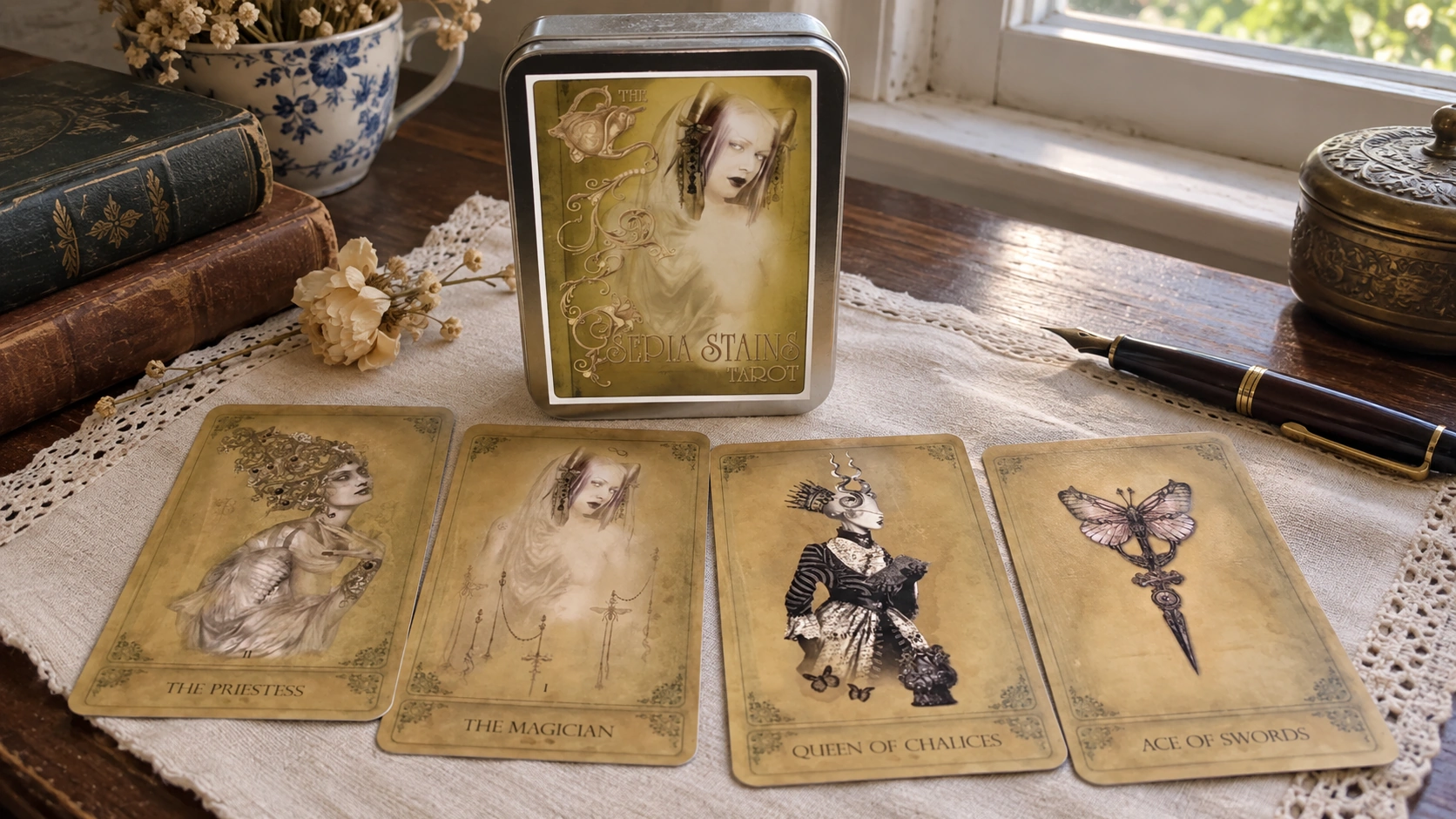 Generated reading-table scene based on the official Sepia Stains Tarot second-edition tin and verified cards