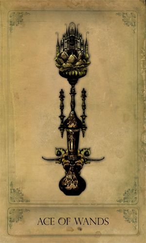 Ace of Wands card from the Sepia Stains Tarot deck by Bethalynne Bajema