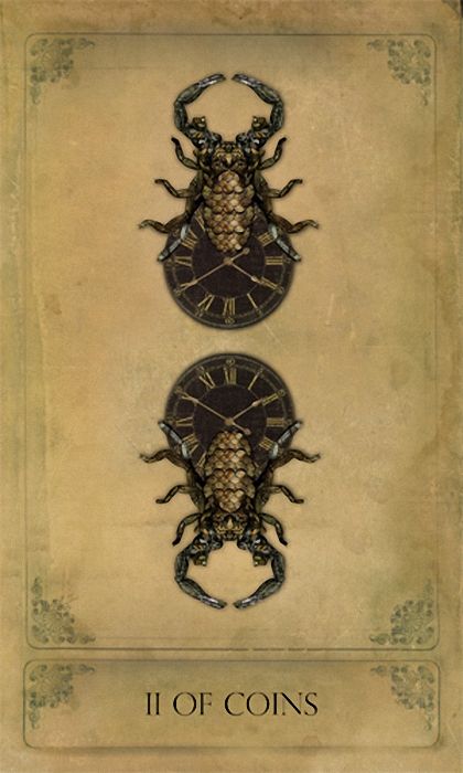 II of Coins card from the Sepia Stains Tarot deck by Bethalynne Bajema