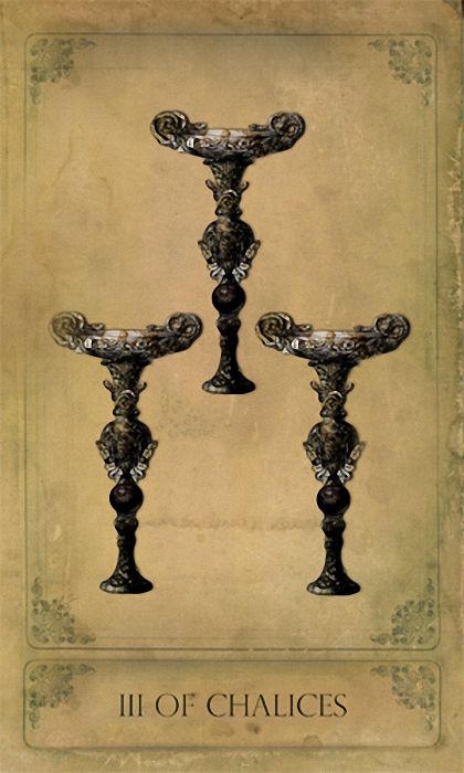 III of Chalices card from the Sepia Stains Tarot deck by Bethalynne Bajema