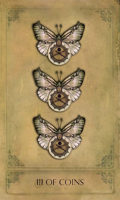 III of Coins card from the Sepia Stains Tarot deck by Bethalynne Bajema