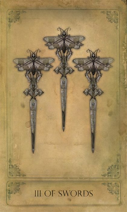 III of Swords card from the Sepia Stains Tarot by Bethalynne Bajema