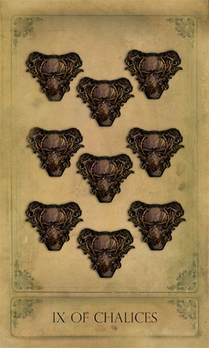 IX of Chalices card from the Sepia Stains Tarot deck by Bethalynne Bajema
