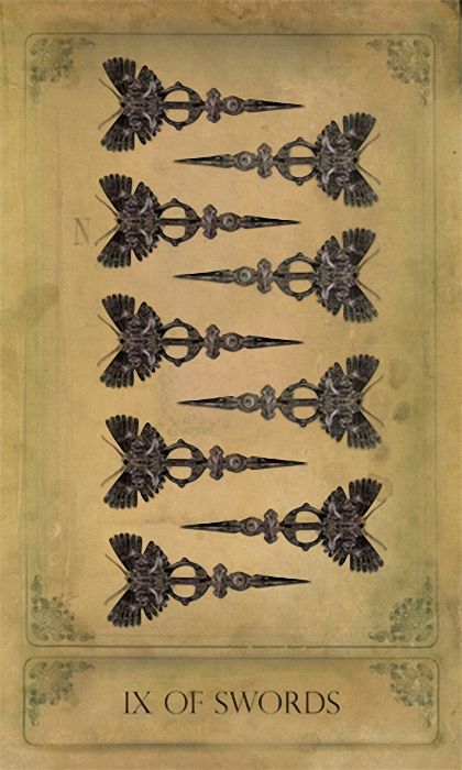IX of Swords card from the Sepia Stains Tarot by Bethalynne Bajema