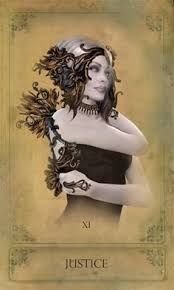 Justice card from the Sepia Stains Tarot deck by Bethalynne Bajema
