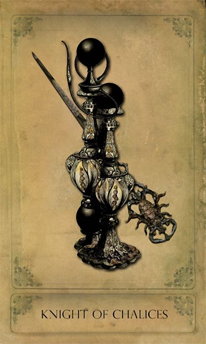 Knight of Chalices card from the Sepia Stains Tarot deck by Bethalynne Bajema