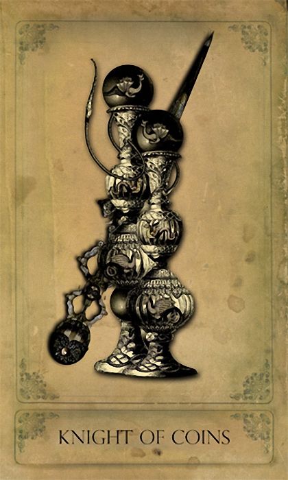 Knight of Coins card from the Sepia Stains Tarot deck by Bethalynne Bajema