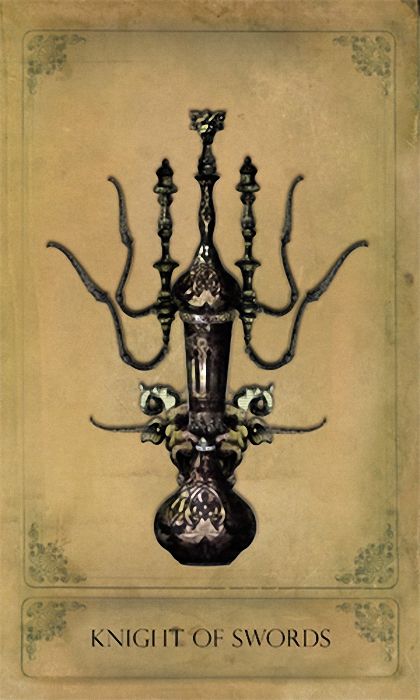 Knight of Swords card from the Sepia Stains Tarot deck by Bethalynne Bajema