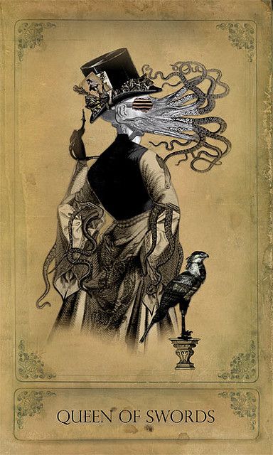 Queen of Swords card from the Sepia Stains Tarot deck by Bethalynne Bajema