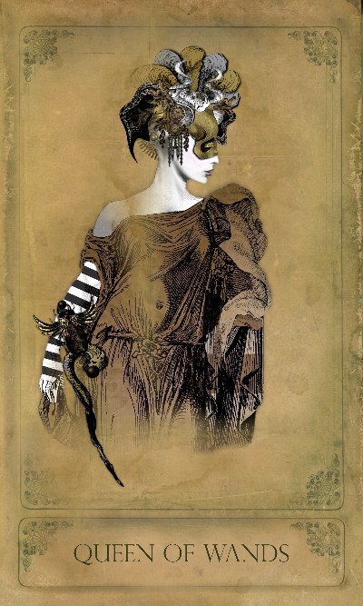 Queen of Wands card from the Sepia Stains Tarot deck by Bethalynne Bajema
