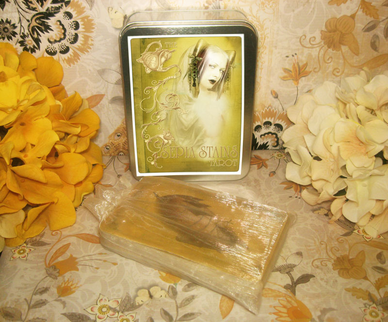 Official second-edition Sepia Stains Tarot silver tin and gold-toned pouch photographed in the creator’s archive