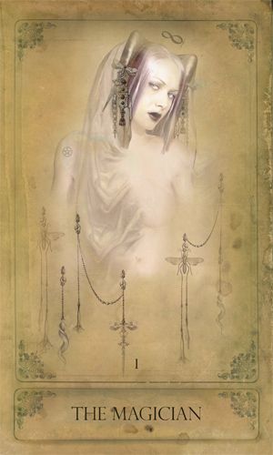 The Magician card from the Sepia Stains Tarot by Bethalynne Bajema