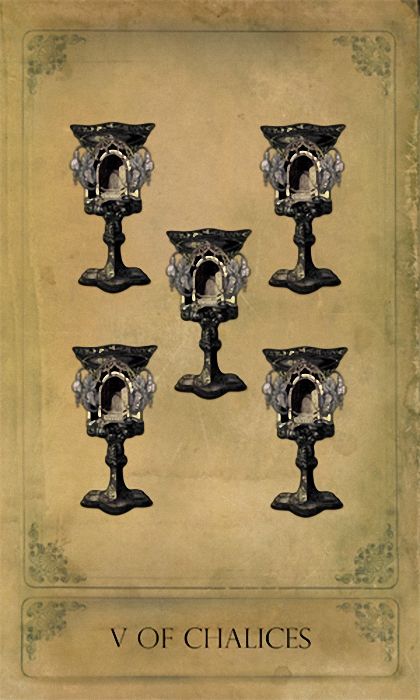 V of Chalices card from the Sepia Stains Tarot deck by Bethalynne Bajema