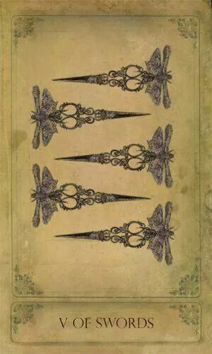 V of Swords card from the Sepia Stains Tarot deck by Bethalynne Bajema
