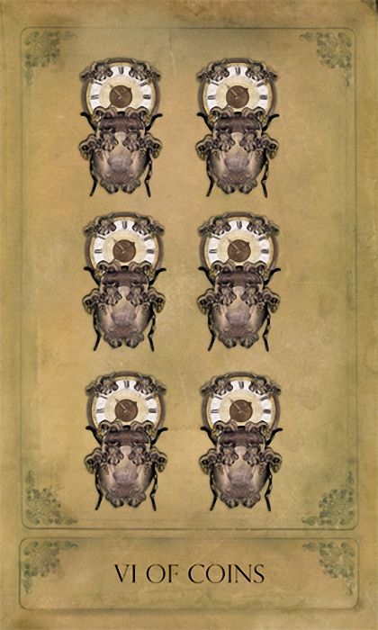 VI of Coins card from the Sepia Stains Tarot deck by Bethalynne Bajema
