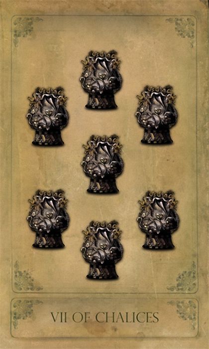 VII of Chalices card from the Sepia Stains Tarot deck by Bethalynne Bajema