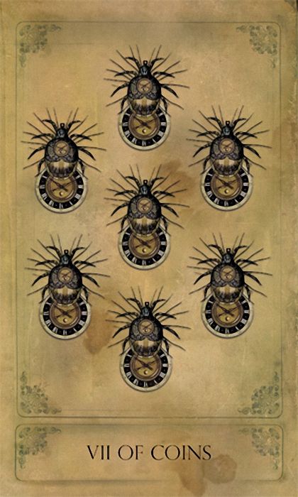 VII of Coins card from the Sepia Stains Tarot deck by Bethalynne Bajema