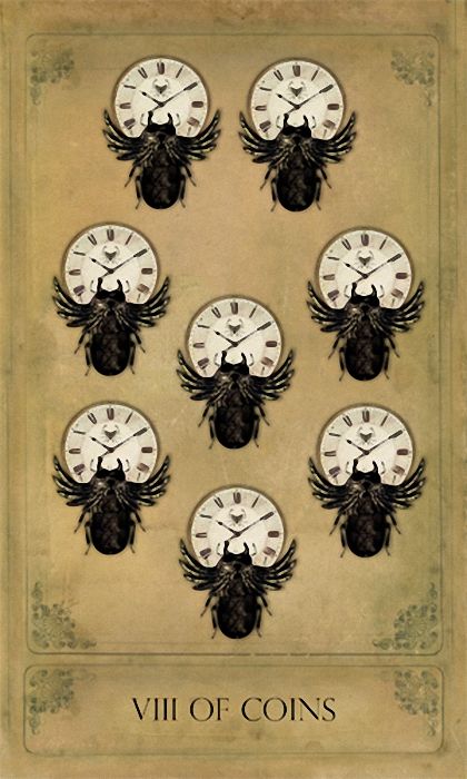 VIII of Coins card from the Sepia Stains Tarot deck by Bethalynne Bajema