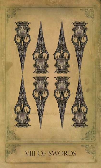 VIII of Swords card from the Sepia Stains Tarot deck by Bethalynne Bajema